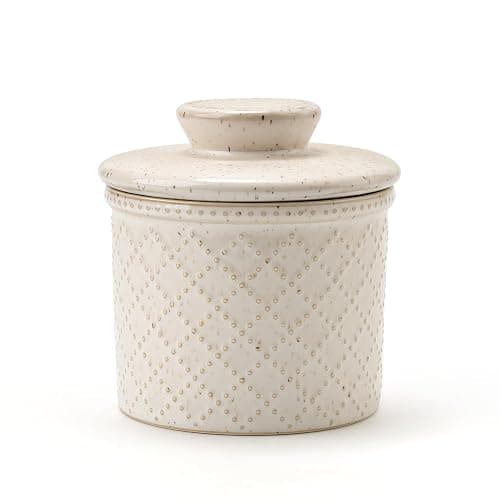 XELA - Ceramic Butter Crock - Butter Dish with Lid for Countertop - Keep Your Butter Perfectly Spreadable 24/7 - Embossed - Speckled White - Image 1