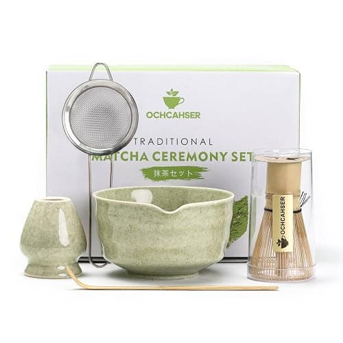 Ochcahser Matcha Set, Japanese Tea Set Includes Matcha Bowl with Spout, Matcha Whisk Holder, Bamboo Matcha Whisk and Bamboo Scoop, 17 oz Mottled Green Glaze Ceramic Matcha Kit for Tea Lovers - Image 1