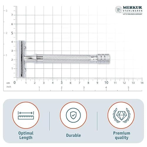 MERKUR 23C Double Edge Safety Razor - Polished Chrome, Long Knurled Brass Handle, Made in Germany, Plastic-Free, Three Piece Design, Closed Comb, Straight Bar thumbnail 7