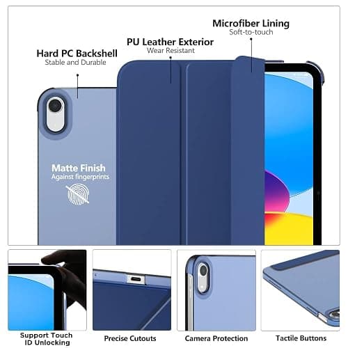 MoKo for iPad (A16) 11th Generation Case 11 Inch 2025, iPad 10th Generation Case 10.9 Inch 2022, Slim Stand Hard PC Translucent Back Shell Smart Cover, Support Touch ID, Auto Wake/Sleep, Navy Blue thumbnail 3