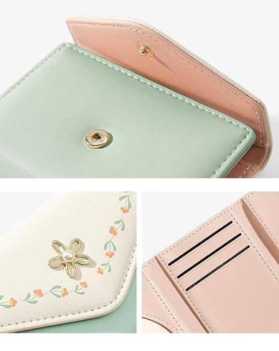 kuifang Girls Cute flowers Print Wallet, Small Tri-folded Aesthetic Wallet, PU Leather Purse Cash Pocket Card Holder ID Window Purse for Women(Green) thumbnail 6