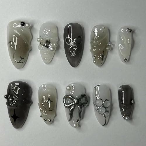 MouyouGlow Press on Nails Kurz,Almond Schwarz Airbrushing Stern 3D Bubble Ribbon Bow Tie Schleife Perle Fake Nails mit Nagelkleber,Cool Y2K Coquette Künstliche Fingernägel - Image 1