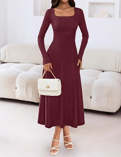 MEROKEETY Women's Sweater Dress 2025 Fall Winter Casual Long Sleeve Square Neck Pleated Church Work Knit Midi Dresses thumbnail 3