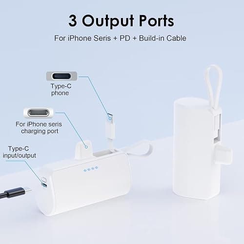 Mini Portable Charger for iPhone with Built-in Type-C Cable, 5200mAh Ultra-Compact Power Bank, PD 20W Fast Charging Battery Pack Phone Charger for iPhone 16/15/14/13, Samsung, Google, Android (White) thumbnail 6
