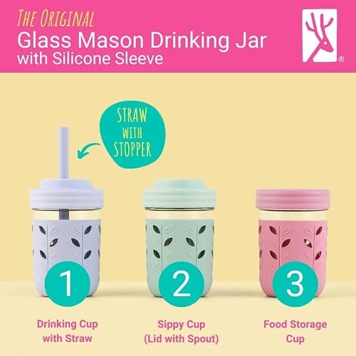 Elk and Friends Kids + Toddler Glass Cups | The Original 8oz Glass Mason Jar with Sleeves + Lids | Silicone Straws + Stopper | Smoothie Cup | Food Storage | Spill Resistant | Dishwasher Safe | 4 Pack thumbnail 4