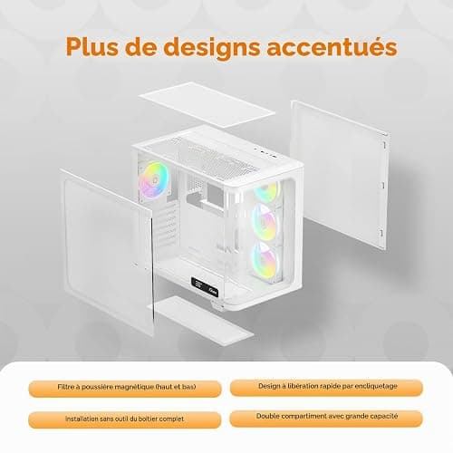 Iota C70 WH Curve ARGB Boitier PC Gaming ATX,Vue Panoramique Incurvée 270° | Real-Time Temp Display,4 Ventilateurs PC PWM Préinstallés,High Airflow Ventilation,Double Chambre,ATX/MATX/ITX thumbnail 7