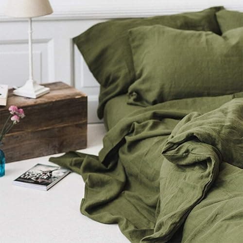 Simple&Opulence 100% Linen Duvet Cover Set 3pcs Basic Style Natural French Washed Flax Solid Color Soft Breathable Farmhouse Bedding with Button Closure - Olive Green, Queen - Queen - Olive Green thumbnail 7