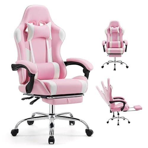 DUMOS Ergonomic Gaming Office Desk Chair with Footrest and Headrest for Adults, PU Leather Video Computer Chair with Linkage Armrests, Height Adjustable 360° Swivel Recling Chair, White Pink - Image 1