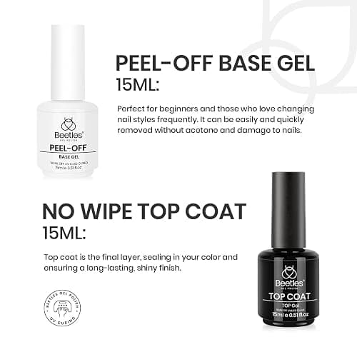 Beetles Peel Off Base Coat and Top Coat Gel Nail Polish Set, 2Pcs 15ml Peelable Base Gel and Top Coat Easy Removal, UV LED Lamp Peel off Nail Polish without Damage for Beginners Weak Thin Nails thumbnail 6