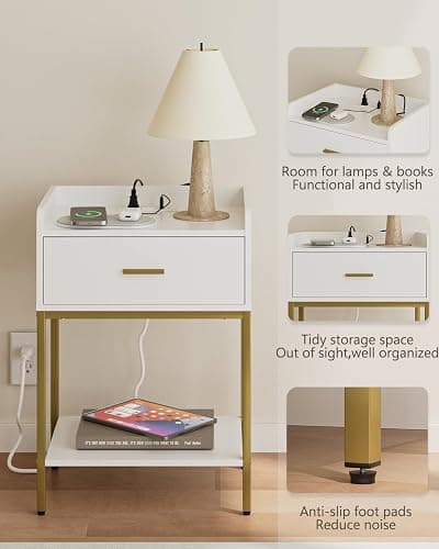 Apetaccat Nightstand with Charging Station,3-Tier Bedside Table for Small Space,Modern Night Stand with Storage Drawer and Shelf,Small Side Table for Bedroom,Living Room,White thumbnail 4