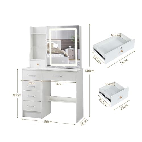 Hikooo White Modern Vanity Desk, Vanity Table with 5 Drawers, Storage Shelves and Stool, 3 Color Modes Adjustable Brightness Dressing Table for Dressing Table for Bedroom Dressing Room thumbnail 2