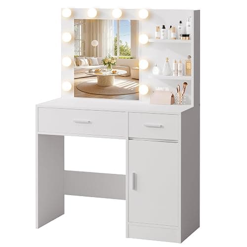 LIVELYGLOW White Makeup Vanity with 10 Hollywood Light Bulbs, 35.4" Wide Dressing Table with Large Mirror & Dimming Function, Small Space Vanity Desk with 2 Drawers, Storage Cabinet & Shelves thumbnail 3