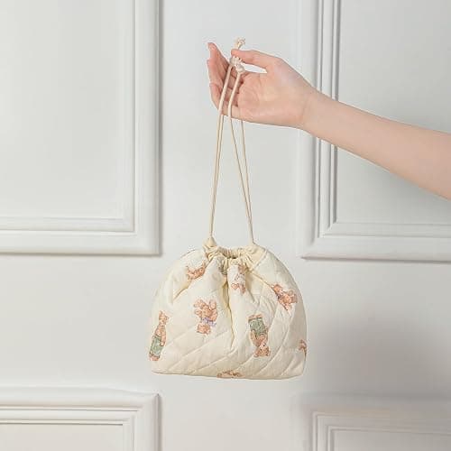 3pcs Large Cotton Quilted Makeup Bag Set,Coquette Aesthetic Cute Travel Toiletry Bag,Drawstring Gift Bag for Women and Girls(3Pcs White Bear) thumbnail 2
