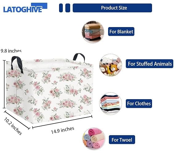LATOGHIVE Rectangular Storage Basket Waterproof Storage Bin for Bedroom Collapsible Bin Books Box Basket Room Decor(Rose) thumbnail 3