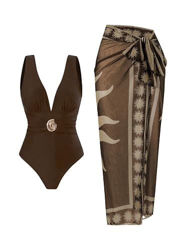 SherryDC One Piece Swimsuit with Cover up Wrap Skirt Sarong Floral Print Plunge V Neck Bathing Suit for Women - Image 1