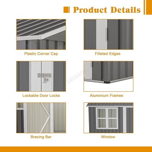 BIRCHTREE Garden Shed Steel Apex Roof House Outdoor Backyard Storage With Lockable Double Doors Window Free Foundation Tool Equipment Organizer Air Vents 10x8FT Grey thumbnail 4