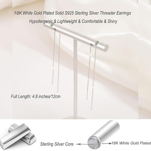 Sterling Silver Threader Chain Dangle Earrings,Versatile & Comfortable Hypoallergenic Silver Earrings 4.8 Inches thumbnail 4