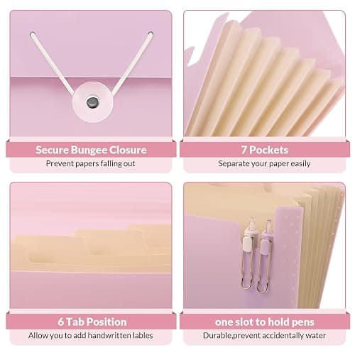 SKYDUE Accordion File Organizer, Expanding File Folder with 7 Pockets, Portable Receipt Paper Bill Document Organizer, Letter/A4 Size Filing Folder School Office Supplies, Lightpurple thumbnail 4