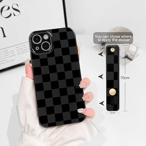 NITITOP Compatible with iPhone 15 Case with Wrist Strap Kickstand Cute Trendy Checkerboard Plaid for Women Girls Slim Fit TPU Silicone Shockproof Full Camera Protective Cover - Black thumbnail 5