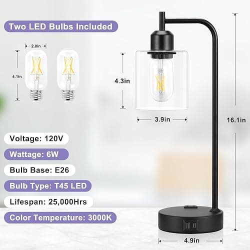 Industrial Touch Table Lamps for Bedrooms Set of 2 - 3-Way Dimmable Nightstand Lamps with USB C+A Ports and Outlet, Black Bedside Lamps with Glass Shade for Living Room, Desk Lamps for Home Office thumbnail 4