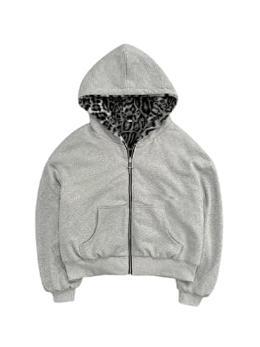 Ponitrack Vintage Leopard Print Jacket Y2k Reversible Zip Up Jacket Baggy Long Sleeve Hoodie Grunge Streetwear Unisex thumbnail 2