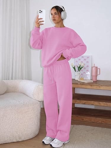 Trendy Queen Womens 2 Piece Sweatsuit Fall Sweat Outfits Lounge Sets 2026 | Soft Fleece Interior, Chic Drop Shoulder, Travel Fashion Matching, Wide Leg Draping, Elastic Waistband, Deep Side Pockets thumbnail 6