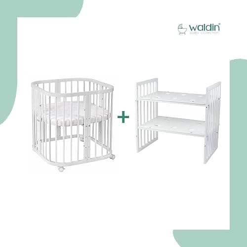 Waldin Babybett aus Holz 7in1 mit Matratze, Mitwachsendes Kinder-Bett, Belüftet, Boden 5-Fach Verstellbar, All-Inclusive-Set, Holz Weiß, Stoffe Lachs - Holz Weiß - Stoffe Lachs thumbnail 6