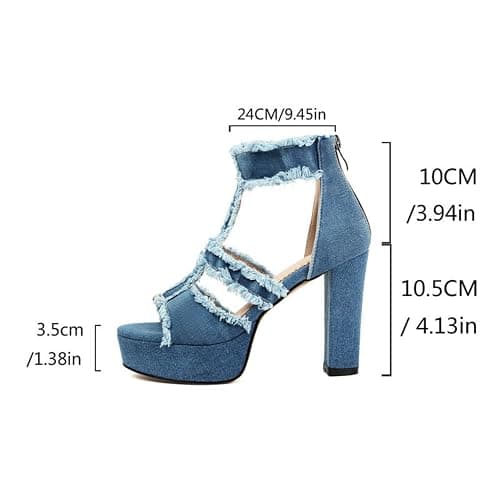 Donna Tacco Grosso Alto Sandali Estivi Peep Toe Denim Platform Sandali Cinghia A T Décolleté da Vestito con Cerniera Posteriore thumbnail 2
