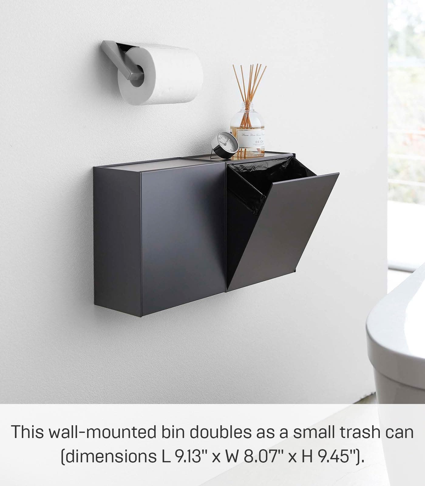 YAMAZAKI Home Tower Wall Mounted Storage Or Trash Bin with Tray, Small Wastebasket with Lid, Bathroom Or Kitchen Organizer - Abs Plastic thumbnail 2