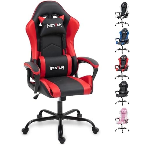 WENTUM Ergonomic Massage Gaming Chair for Kids Adults, Comfy PU Leather Office Desk Chair with Adjustable Headrest Lumbar Support 360° Swivel, Red - Image 1