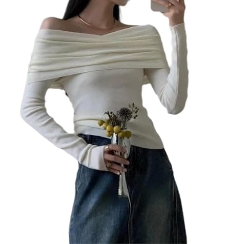 Women Long Sleeve Off Shoulder Wool Blend Y2k Aesthetic Tops Tee Knitted Sweater Shirt Pullover Fairycore Clothing - Image 1