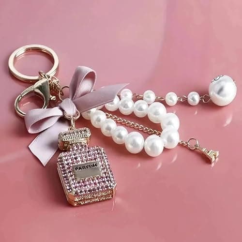 KASTANNY Elegant Pink Bow Keychain Set with Perfume Style Pendant, Luxury Perfume Bottle Shaped Pearl Keychain, car accessories for women or Bow Handbag Charms thumbnail 6