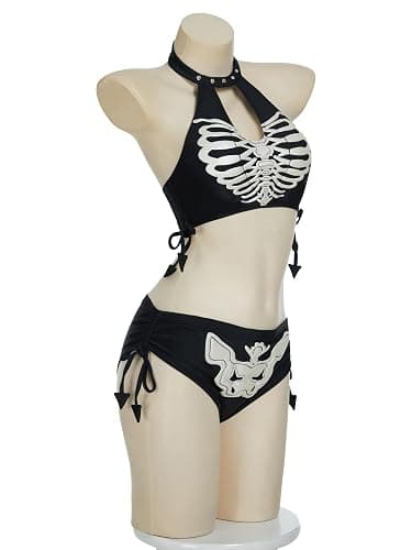 Meowcos Gothic-Bikini-Badeanzug, Gothic-Stil, einzigartiger schwarzer Totenkopf-Druck, dunkler Stil, Gothic-Badeanzug thumbnail 2