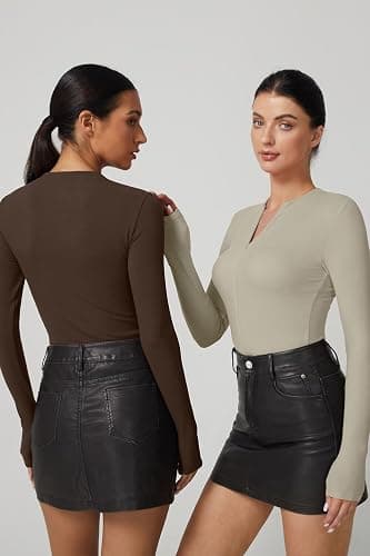 QINSEN Long Sleeve Shirts for Women V Neck Half Zipper Ribbed Knit Going Out Tops Full Length Basic Tee thumbnail 3