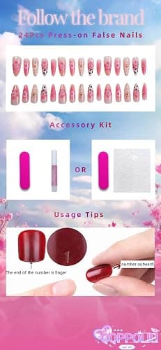 QQPPOLIU Long Almond Press on Nails Pink Press Ons with Floral Designs Summer Full Cover Nails Stiletto for Women Prom and Party 24PCS thumbnail 4
