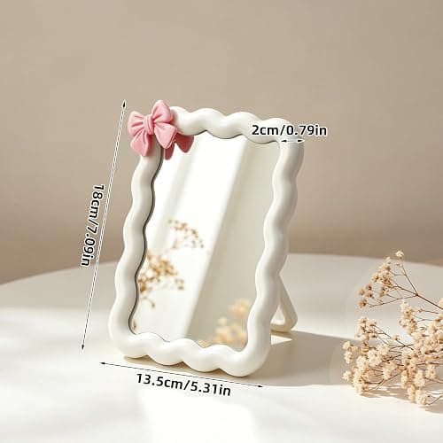 Wave Desk Makeup Mirror with Adhesive Bow,Office Mirror 6.7x5.3In(White) | for Standing or Hanging;Wave Shape;Thickened Plastic and Glass Material;One Sided Mirror;No Magnification thumbnail 2