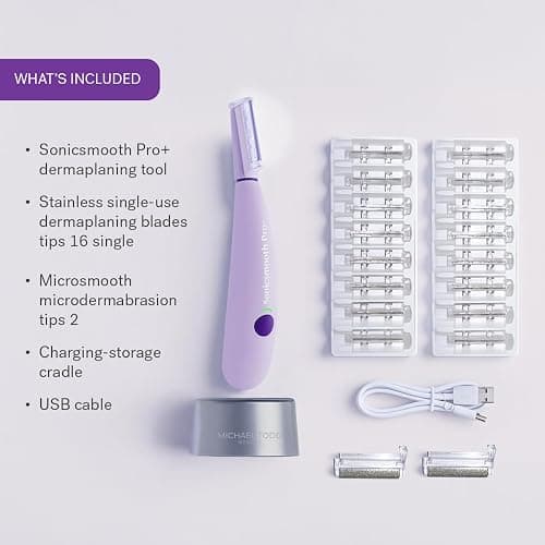 Michael Todd Beauty Sonicsmooth Pro+ Dermaplane Razor for Women Face + Eyebrow trimmer Dermaplaning System w/LED Light Peach Fuzz Remover -16 Dermaplaning Blades & 2 Microsmooth Exfoliation Tips thumbnail 7