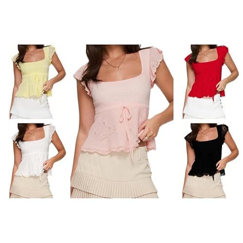 Women Y2k Lace Shirts Teen Girl Cute Short Sleeve Tees Babydoll Top Summer Crop Blouse Going Out Streetwear thumbnail 7