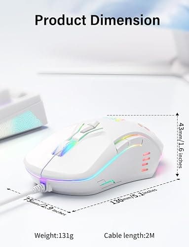 ONITOON Wired USB Mouse, Computer Mouse with RGB Lighting, 4 Adjustable DPI, Ergonomic Optical Office Mouse, 7 Buttons Corded Mice for Window/PC/Laptop/Desktop/Mac/Chromebook, White thumbnail 6