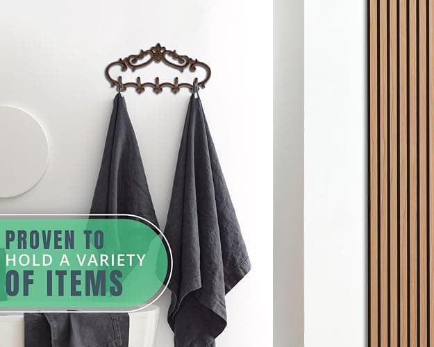 Comfify Brown Cast Iron Wall Hanger – 5 Hooks – Fleur-de-Lis – 12.6" x 5.9" | Fleur-de-lis rustic brown finish; 5 hooks for coats, robes, towels and keys; screws and anchors included; 12.6"L x 5.9"H thumbnail 6