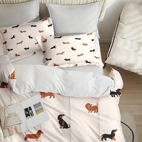 Zzzboro Comforter Set with 2 Pillowcases Queen Size, Cute Happy Dachshund Dog Puppy, Bedding Decor Cartoon Animal Pug Geometric Brown for Kids and Adults, Soft Cozy Bedroom Bed Set thumbnail 4