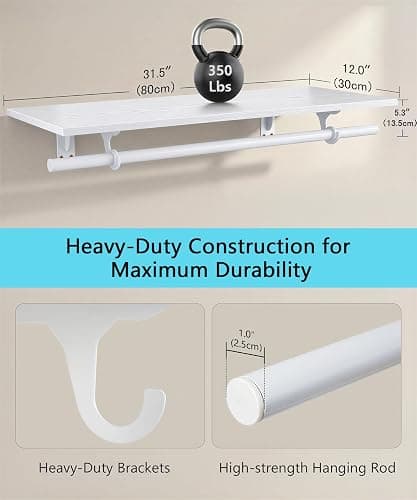 FIRJOY Wall Mounted Clothes Rack, with Top Shelf and Hanging Rod, Heavy Duty (White, 1 PACK 11.8" x 31.4") thumbnail 6
