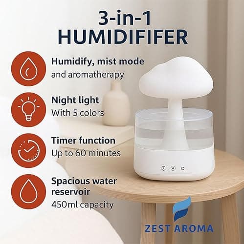 Zest Aroma 2 in 1 Cloud Humidifier and Oil Diffuser | Raindrop Humidifier, Aroma Diffuser, Adjustable Raindrop Speed, Rain Sound Simulator, Mist and Light Functions thumbnail 3