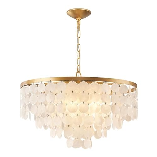 HLMRCHEN 24" Capiz Shell Chandelier, 5 Light Gold Dining Room Light Fixture Modern Coastal Chandeliers for Bedroom Bathroom Kitchen and Foyer(White Seashell Lighting Fixtures) thumbnail 9