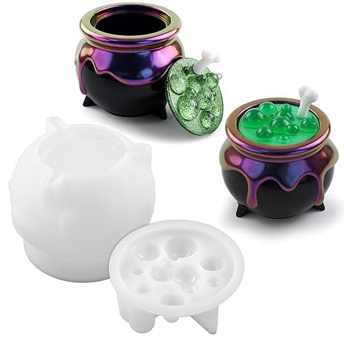 Actvty Witch Cauldron Resin Molds, Bubble Cauldron Jar Silicone Molds for Epoxy Resin Casting, Halloween Jar Mold with Lid DIY Jewelry Storage Box, Candy Container, Candle Jars