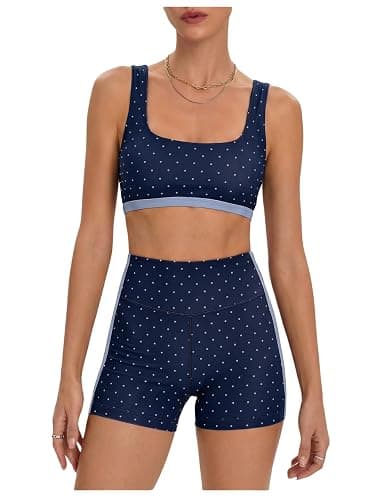 Milumia Women's Polka Dots Workout Set Layered Yoga Outfit with Shorts | Color Block,Two Piece,Bra Tank and Biker Shorts,Built In Bra,Activewear,Matching Set - Image 1