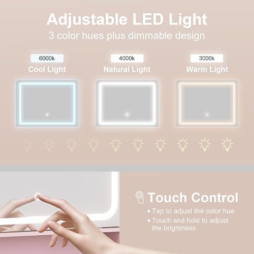 Hogxp Vanity Desk with Sliding Mirror & Power Outlets - Dimmable LED Lighting, 4 Open Shelves, 2 Drawers, 1Storage Cabinet & Padded Stool - Ideal Bedroom Makeup Dressing Table （Pink） thumbnail 5