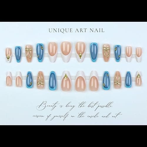 LPOODDNU 3D Gold Bow Star Press on Nails Almond - Medium Blue Fake Nails with French Tip Designs, Glossy Finished Reusable False Nails with Adhesive Glue Tabs - 24Pcs Nail Kit for Women Manicure thumbnail 3
