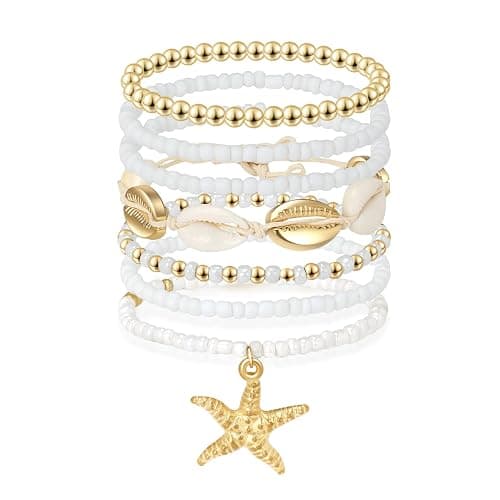 Artlunar Summer Beach Bracelet for Men Women Teens Seashell Starfish Clay Beaded Elastic Stackable Stretch Boho Friendship Bracelets Summer Jewelry Gifts Party Accessories - Image 1