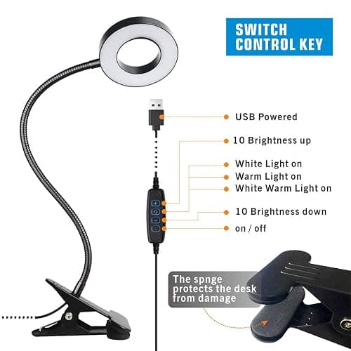 KNAMKY USB LED Desk Lamp Clip On Light, 3 Light Mode 10 Dimmable Brightness Eye Caring Book Adjustable for Reading Studying Working Video Conference Lighting (Black) - Black thumbnail 3